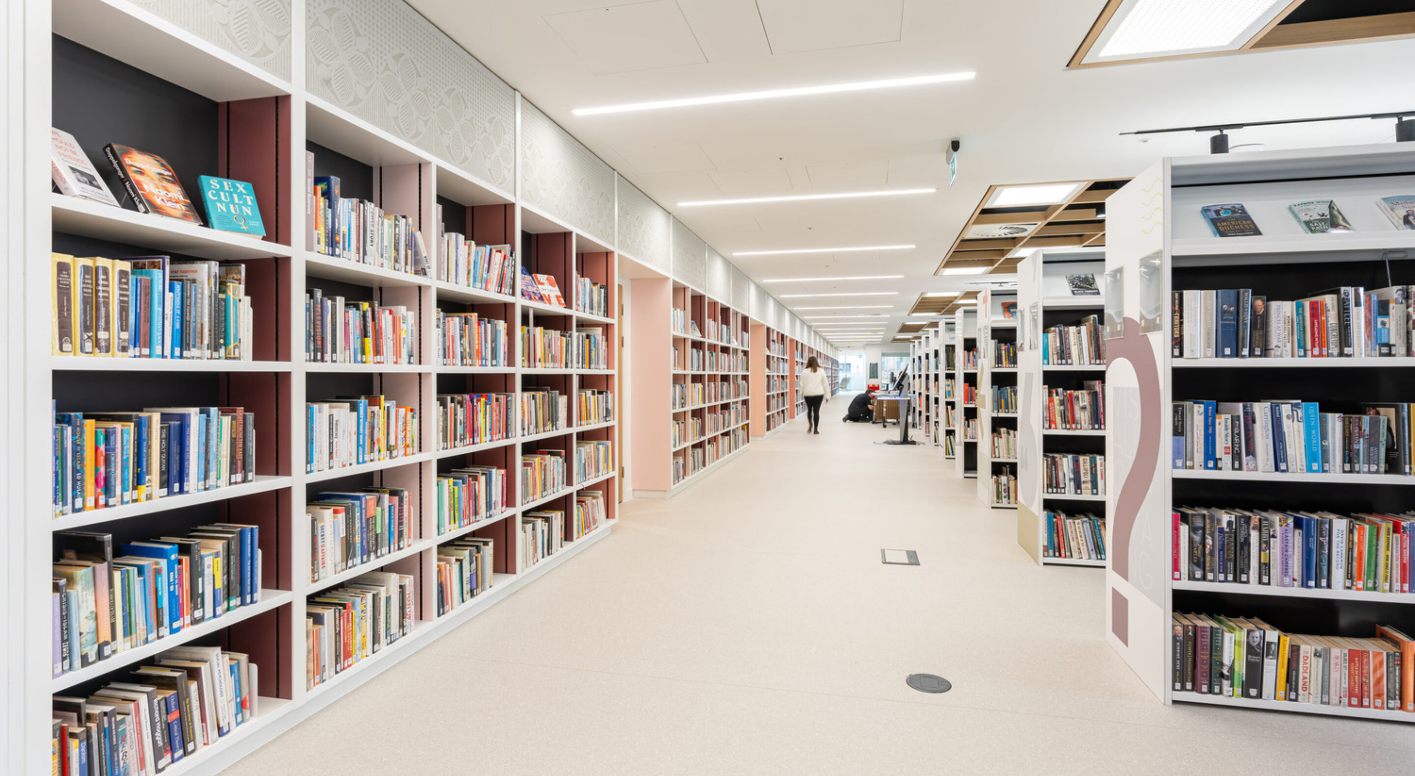 Modern library interior with bookshelves