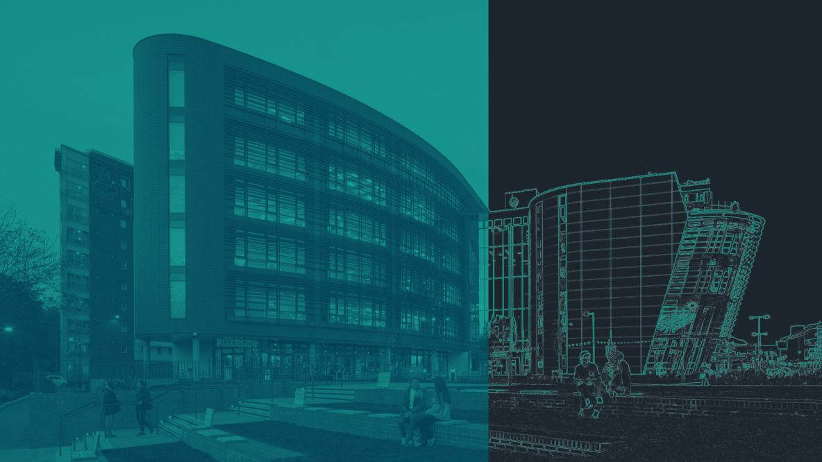 A dual coloured image of a university building with one side a photo and the other a sketch