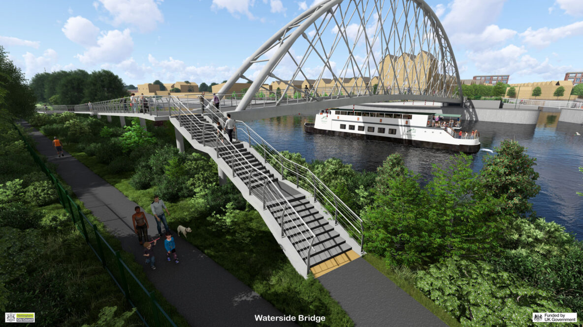 CGI image of a white Arch Bridge over the River Trent in Nottingham