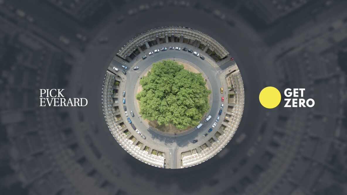 Tree surrounded by buildings in a circular pattern with Pick Everard and Get Zero Logos