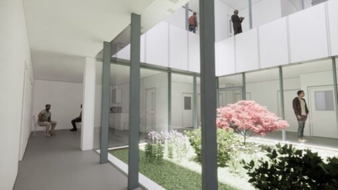 Courtyard with big windows to a garden with grass, trees and plants