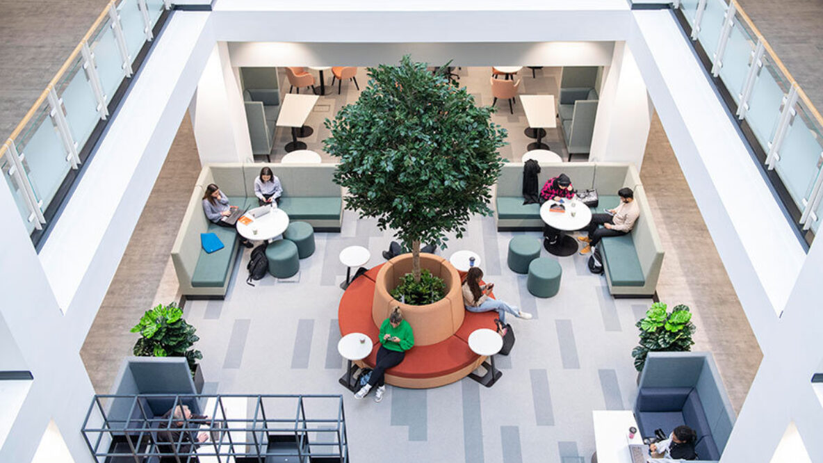 Looking down at a seating area in the postgraduate centre at Nottingham Trent University