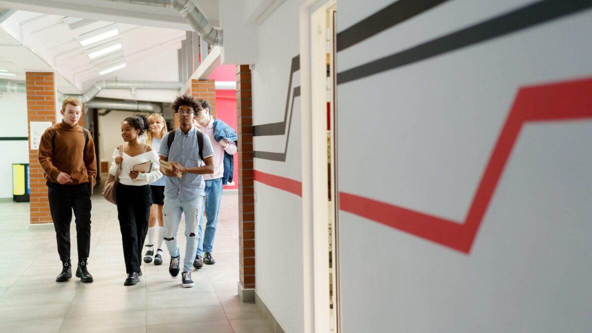 Students walking through a university
