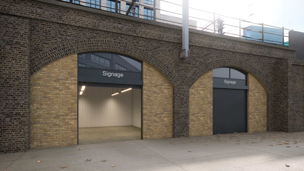 Outside visual of two railway arches on Witan Street, London