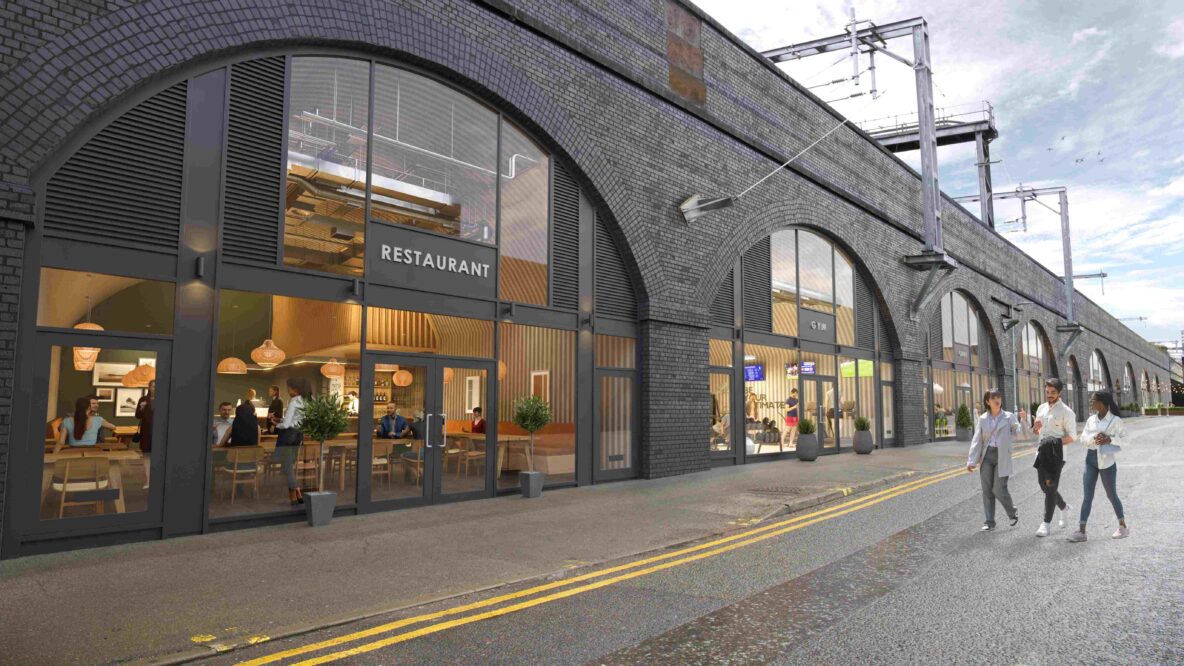 CGI image of numerous railway arches transformed into restaurants.